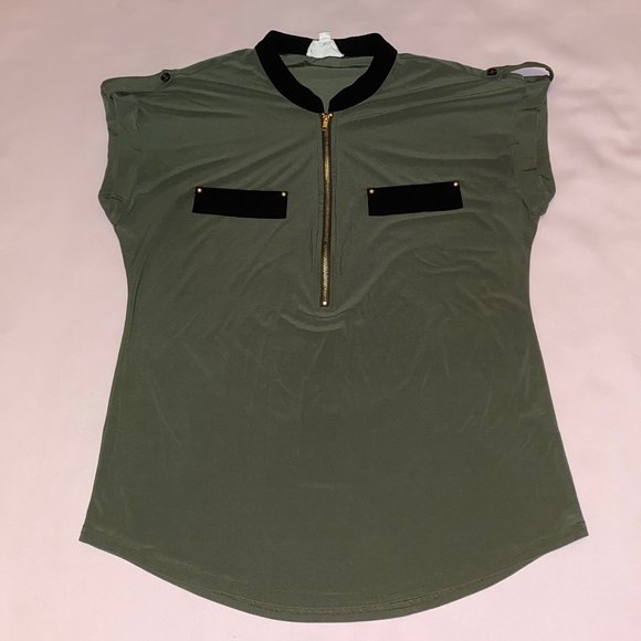 The Workshop Tops - Olive Green Zip Collar Blouse, L